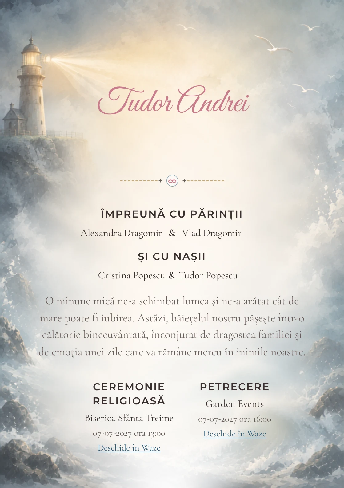 Farul din Ceață, pentru o invitație de botez, combină un far imaginar cu fascicul foarte difuz cu valuri, ceață și păsări abstracte, într-o imagine coerentă de botez.