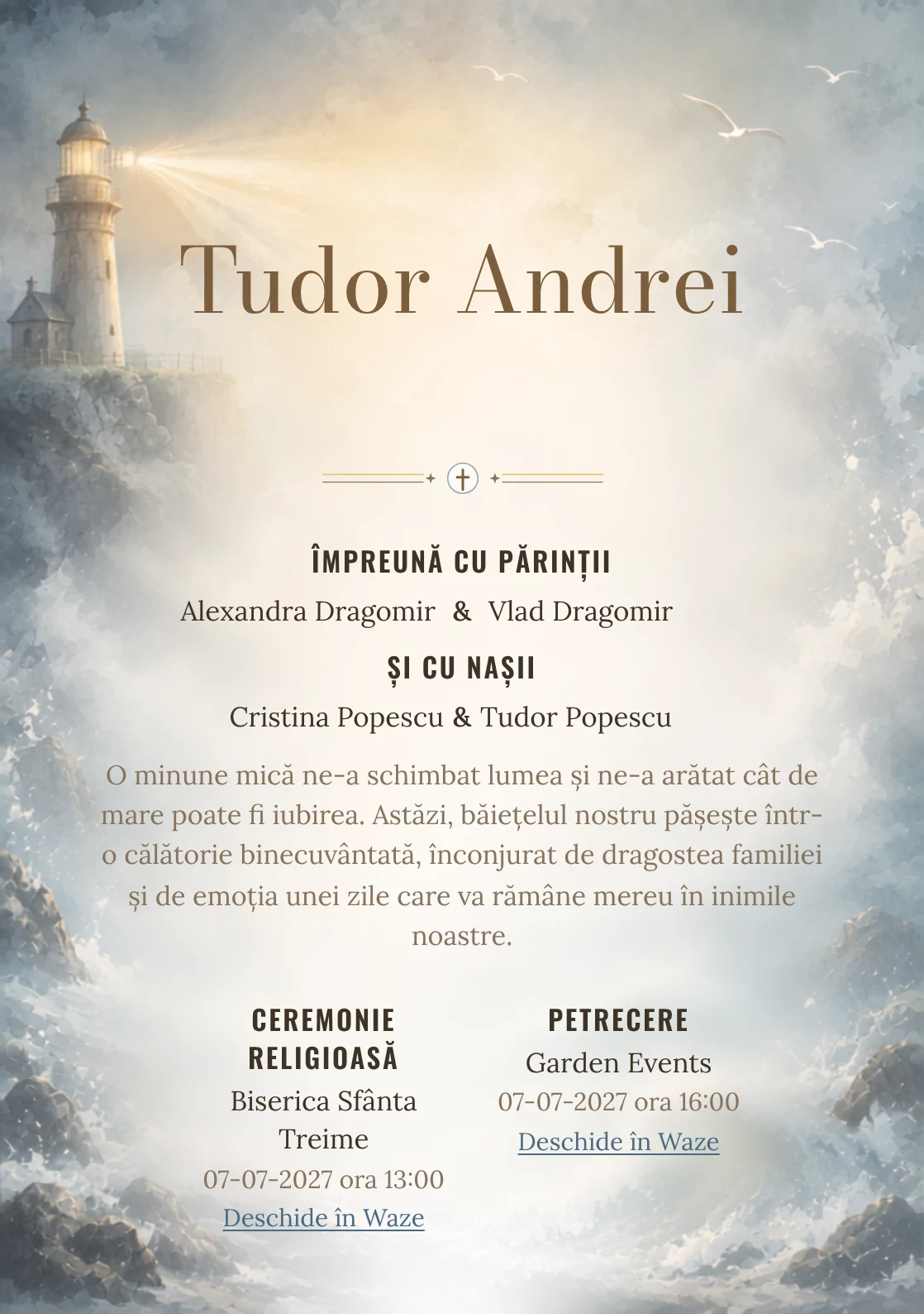 Farul din Ceață, pentru o invitație de botez, combină un far imaginar cu fascicul foarte difuz cu valuri, ceață și păsări abstracte, într-o imagine coerentă de botez.