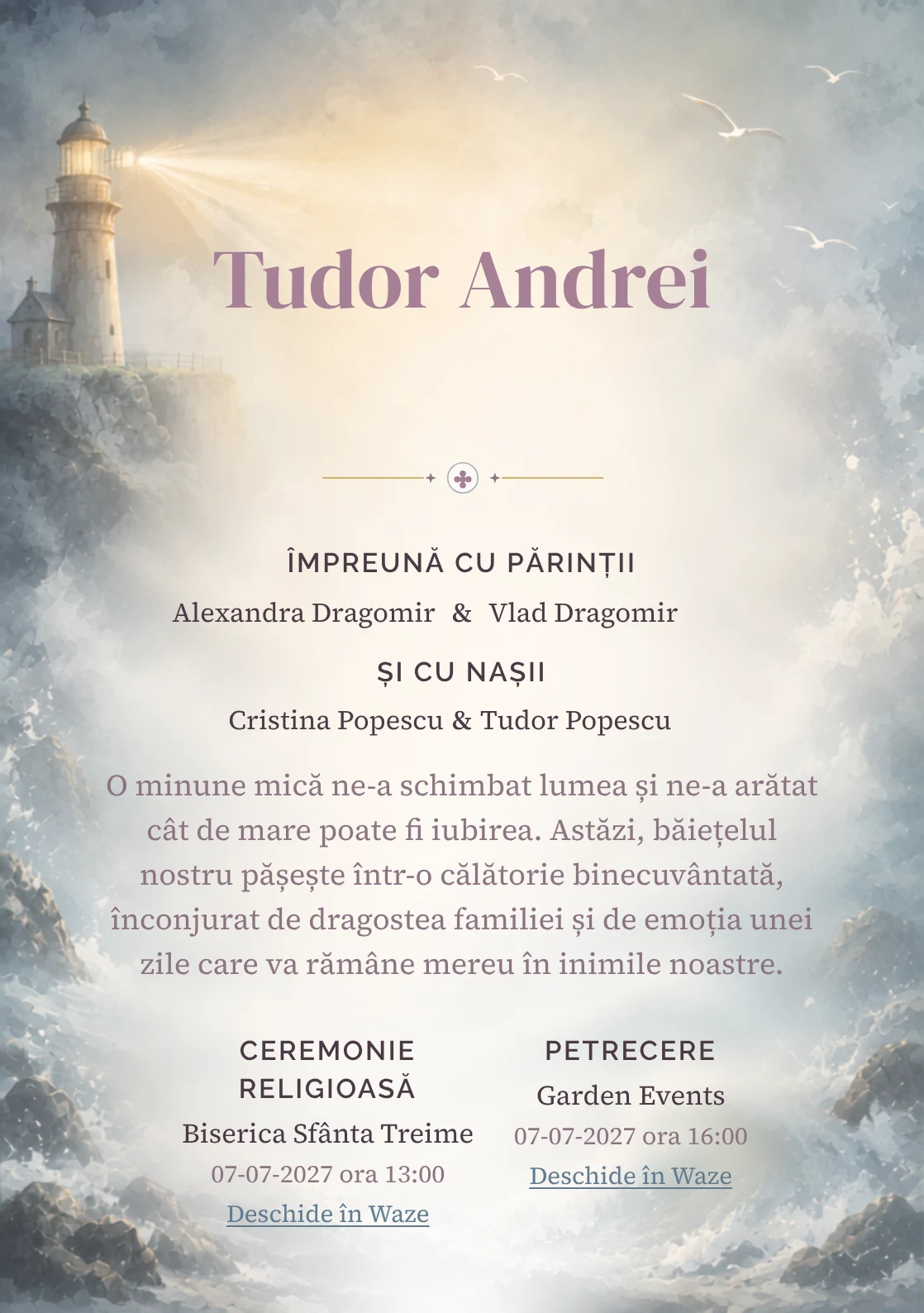 Farul din Ceață, pentru o invitație de botez, combină un far imaginar cu fascicul foarte difuz cu valuri, ceață și păsări abstracte, într-o imagine coerentă de botez.