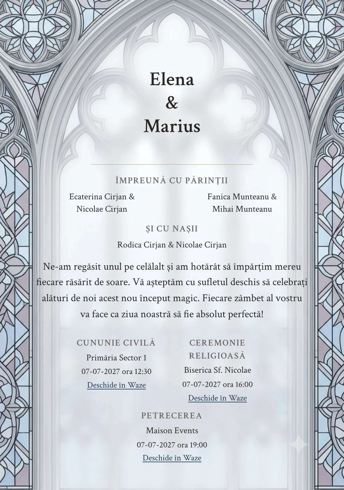 Imaginea Fereastră de Lumină, pentru invitații de nuntă, este definită de fereastră gotică simplificată și tonuri de alb vitraliu, albastru catedrală pal și mov fum.