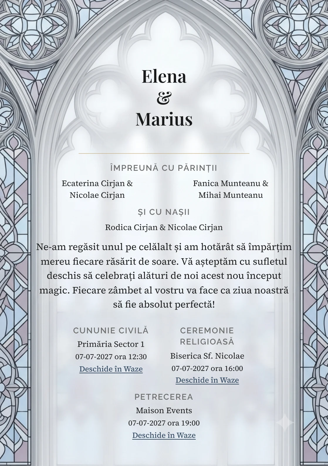 Imaginea Fereastră de Lumină, pentru invitații de nuntă, este definită de fereastră gotică simplificată și tonuri de alb vitraliu, albastru catedrală pal și mov fum.
