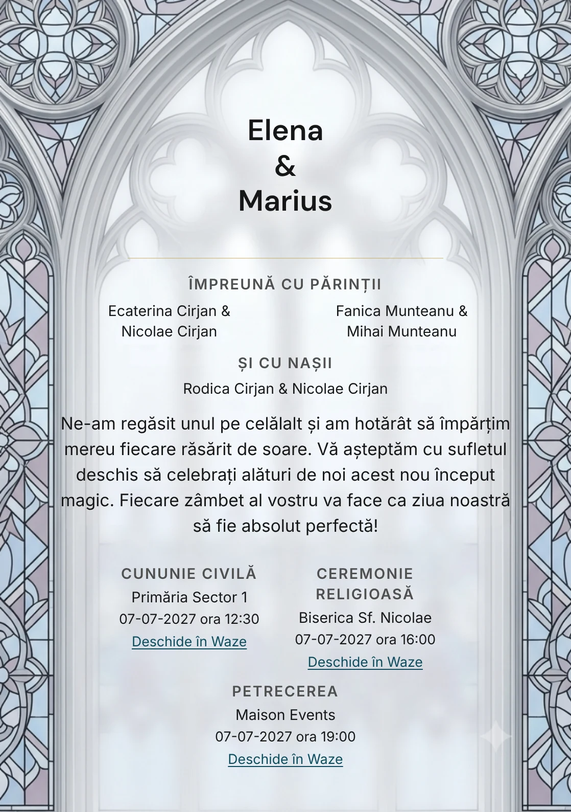 Imaginea Fereastră de Lumină, pentru invitații de nuntă, este definită de fereastră gotică simplificată și tonuri de alb vitraliu, albastru catedrală pal și mov fum.