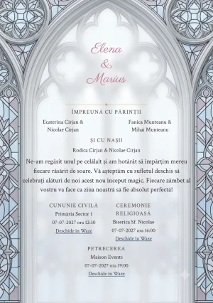 Imaginea Fereastră de Lumină, pentru invitații de nuntă, este definită de fereastră gotică simplificată și tonuri de alb vitraliu, albastru catedrală pal și mov fum.