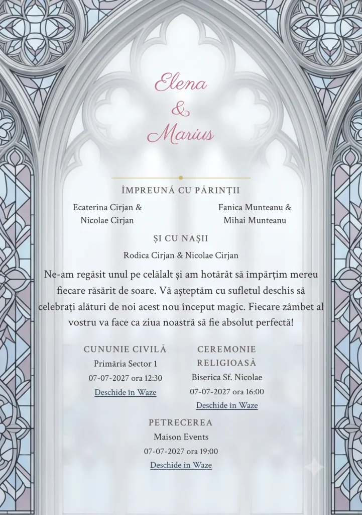 Imaginea Fereastră de Lumină, pentru invitații de nuntă, este definită de fereastră gotică simplificată și tonuri de alb vitraliu, albastru catedrală pal și mov fum.