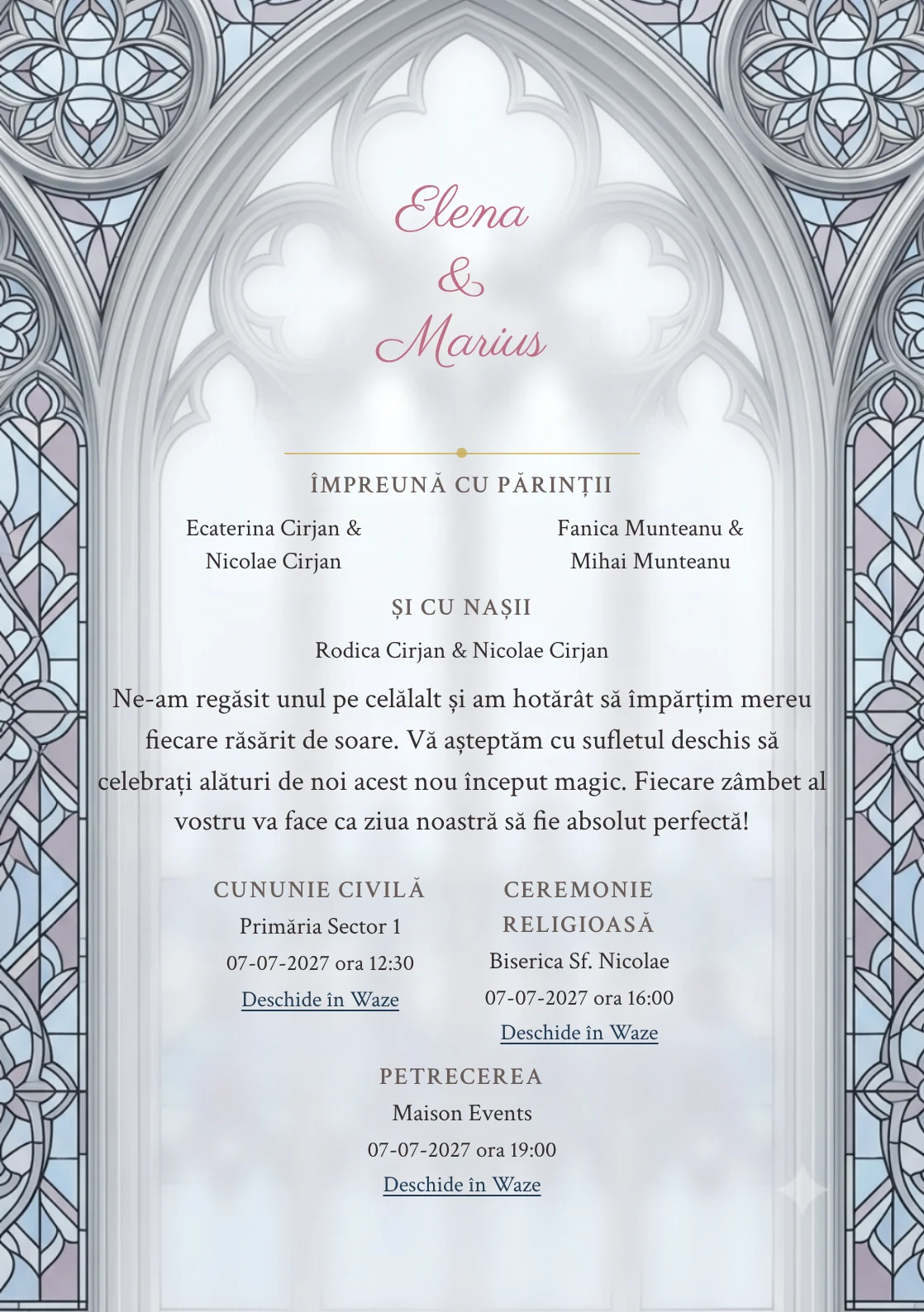 Imaginea Fereastră de Lumină, pentru invitații de nuntă, este definită de fereastră gotică simplificată și tonuri de alb vitraliu, albastru catedrală pal și mov fum.