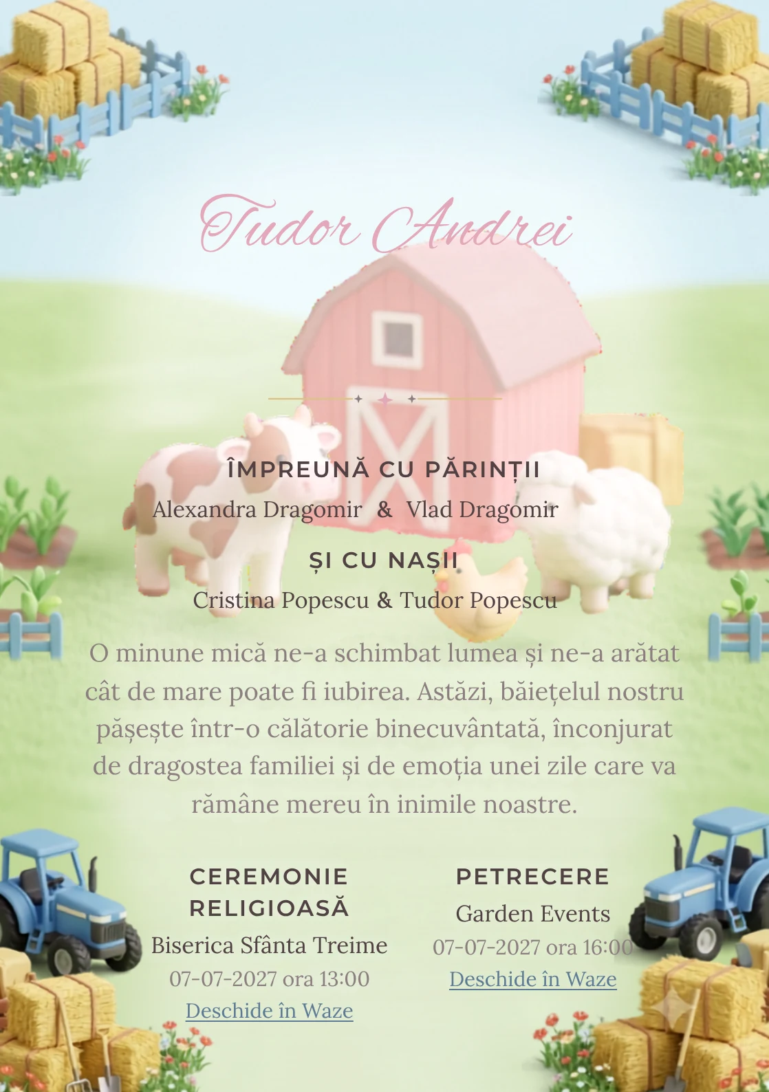 Ferma Miniaturală propune, pentru o invitație de botez, un grup de animale de fermă în jurul și baloturi, garduri și flori de câmp.