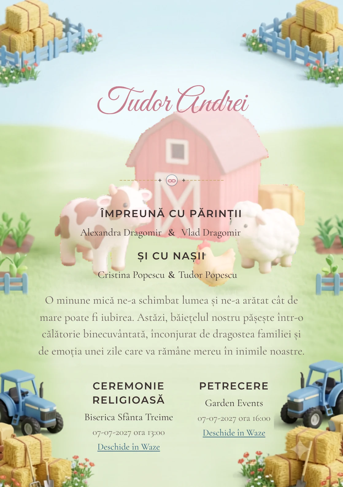 Ferma Miniaturală propune, pentru o invitație de botez, un grup de animale de fermă în jurul și baloturi, garduri și flori de câmp.