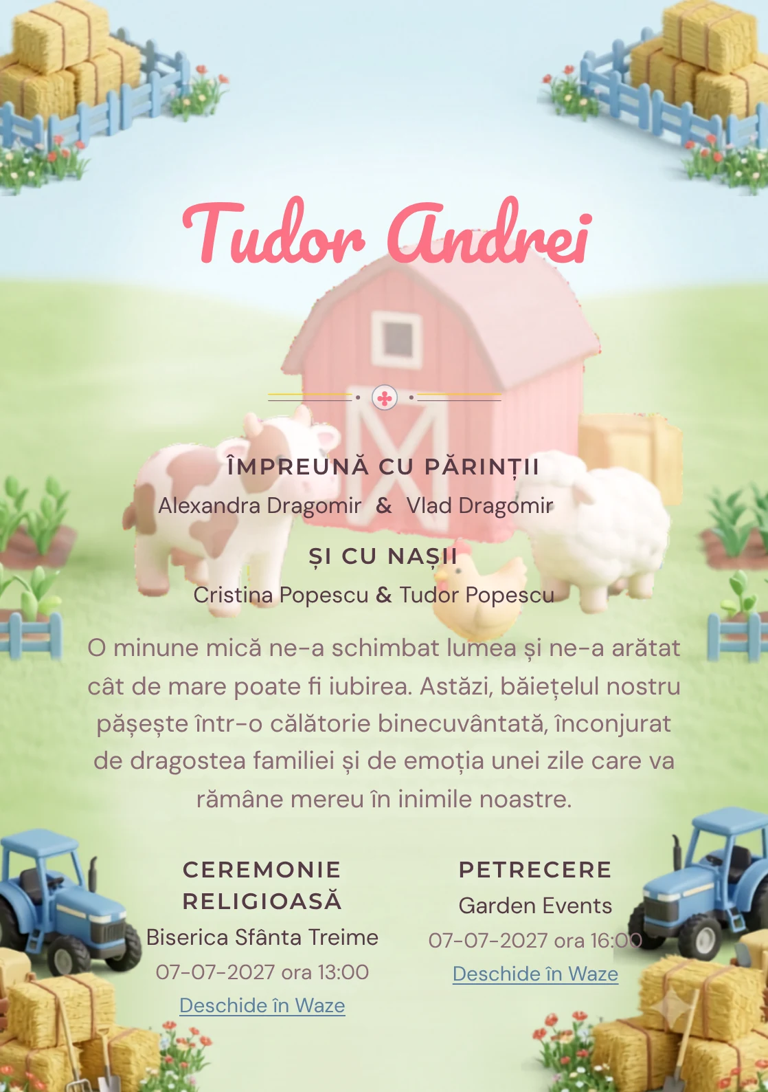 Ferma Miniaturală propune, pentru o invitație de botez, un grup de animale de fermă în jurul și baloturi, garduri și flori de câmp.