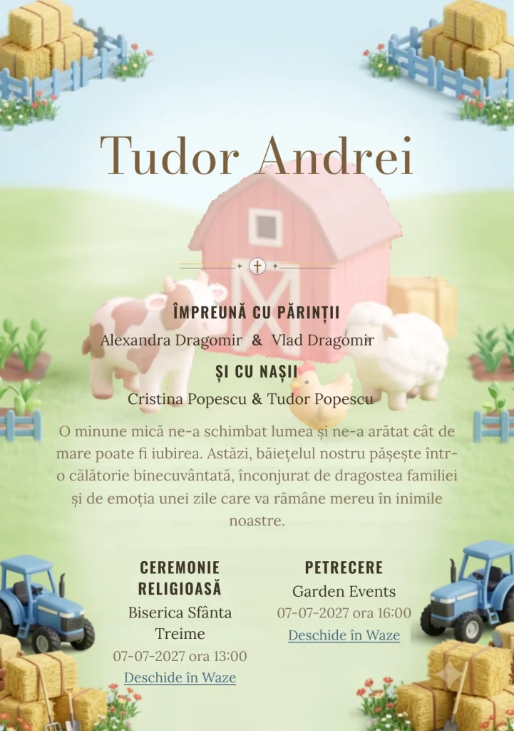 Ferma Miniaturală propune, pentru o invitație de botez, un grup de animale de fermă în jurul și baloturi, garduri și flori de câmp.