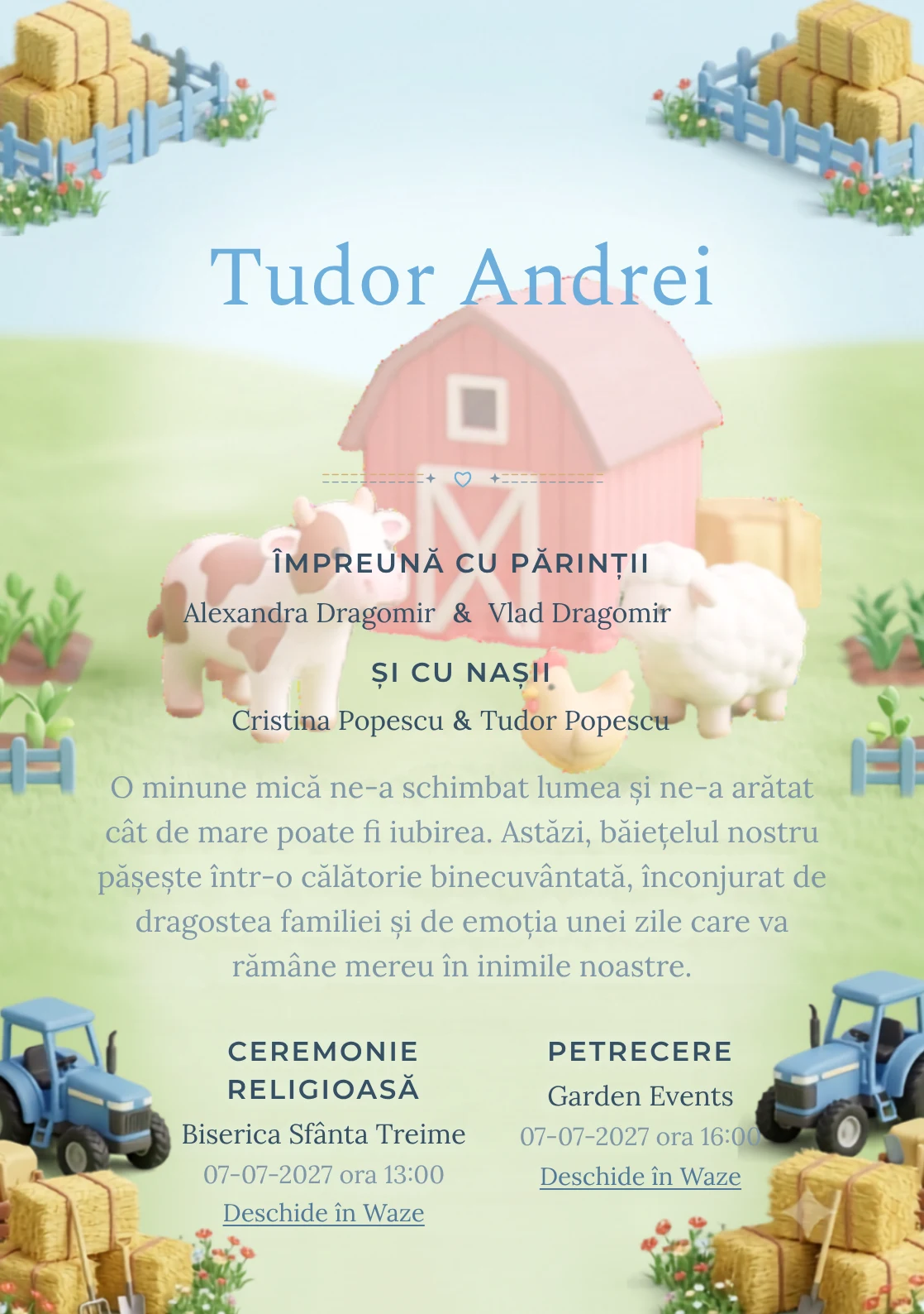 Ferma Miniaturală propune, pentru o invitație de botez, un grup de animale de fermă în jurul și baloturi, garduri și flori de câmp.