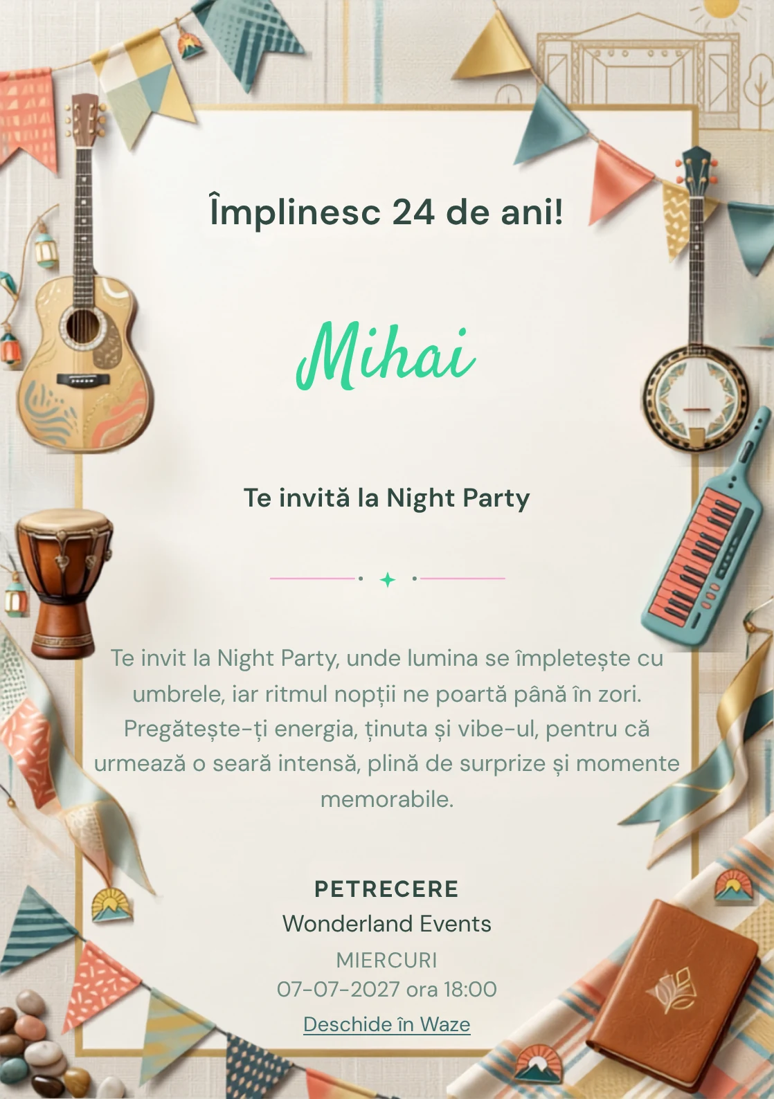 Festival Indie este un model de invitații digitale pentru o aniversare adultă, definit vizual de instrumente și fanioane abstracte.