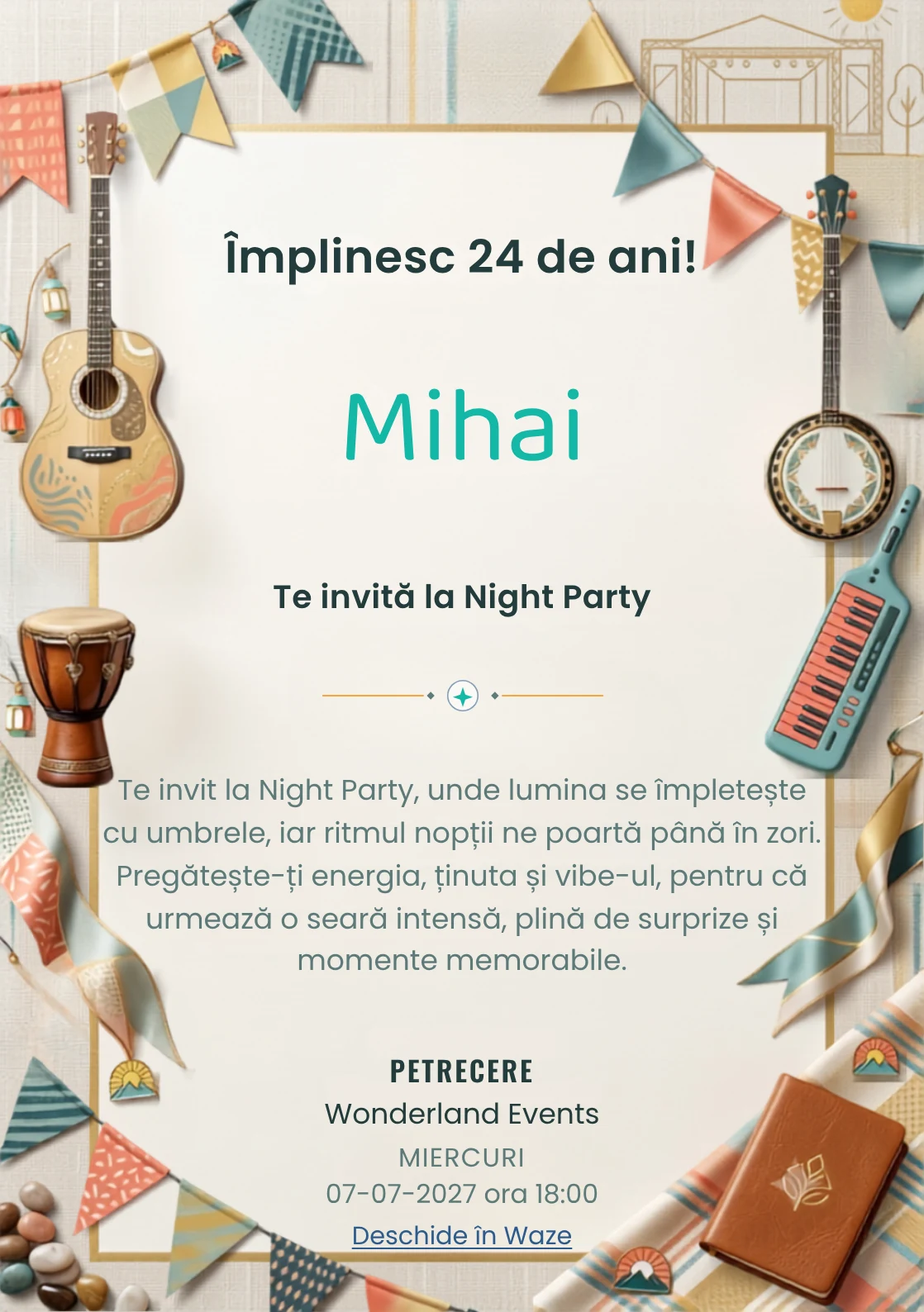 Festival Indie este un model de invitații digitale pentru o aniversare adultă, definit vizual de instrumente și fanioane abstracte.