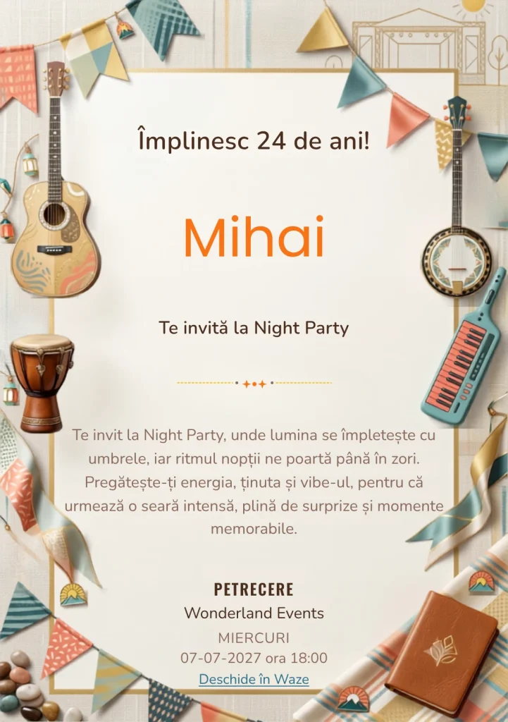Festival Indie este un model de invitații digitale pentru o aniversare adultă, definit vizual de instrumente și fanioane abstracte.
