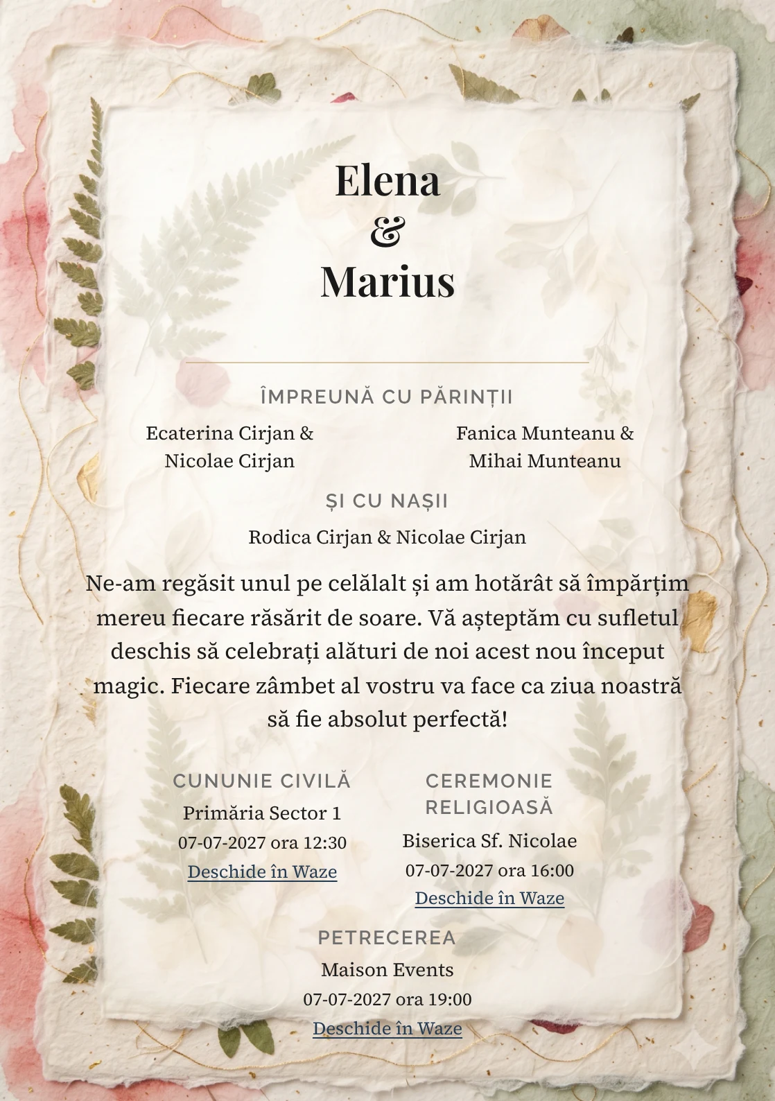 Imaginea Fibre și Frunze, pentru invitații de nuntă, este definită de straturi de fibre crem și tonuri de crem fibre, roșu rodie pal și verde ceai.