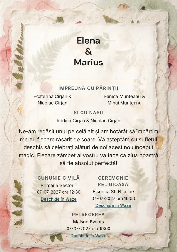 Imaginea Fibre și Frunze, pentru invitații de nuntă, este definită de straturi de fibre crem și tonuri de crem fibre, roșu rodie pal și verde ceai.