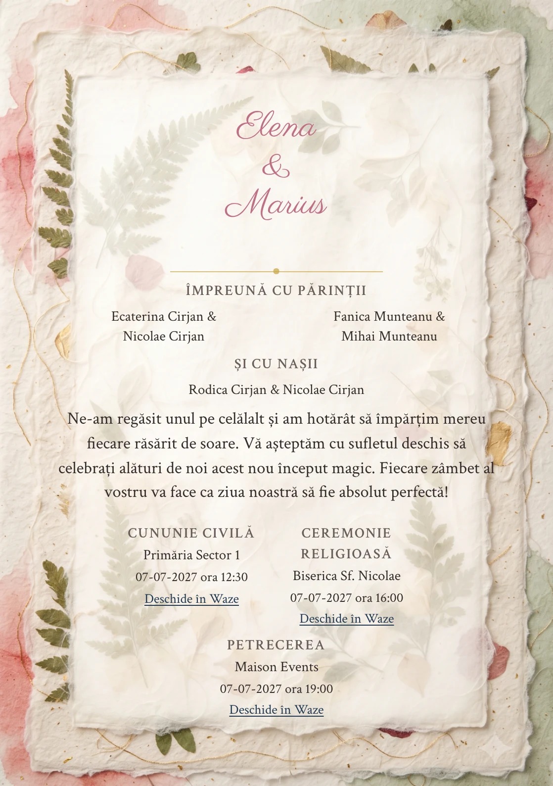 Imaginea Fibre și Frunze, pentru invitații de nuntă, este definită de straturi de fibre crem și tonuri de crem fibre, roșu rodie pal și verde ceai.