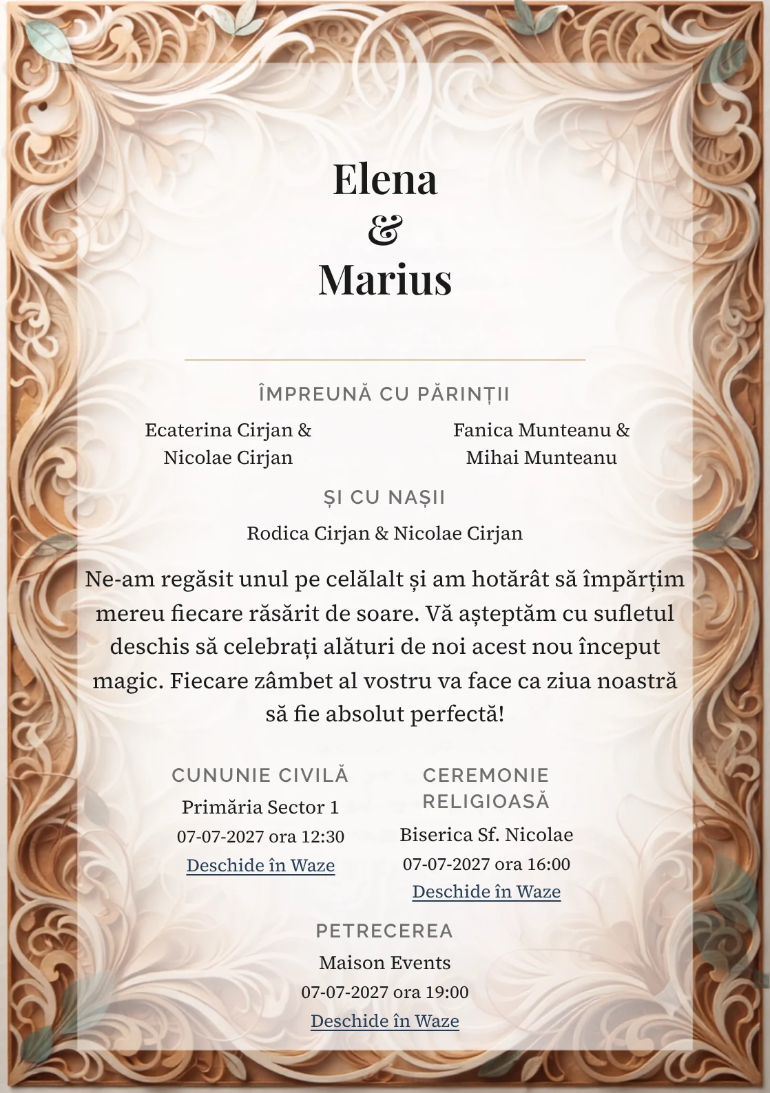 Fundalul Filigran de Hârtie, pentru invitații de nuntă, se remarcă prin filigran gros de hârtie decupată și accente de caramel hârtie, bej nisip și alb lapte.