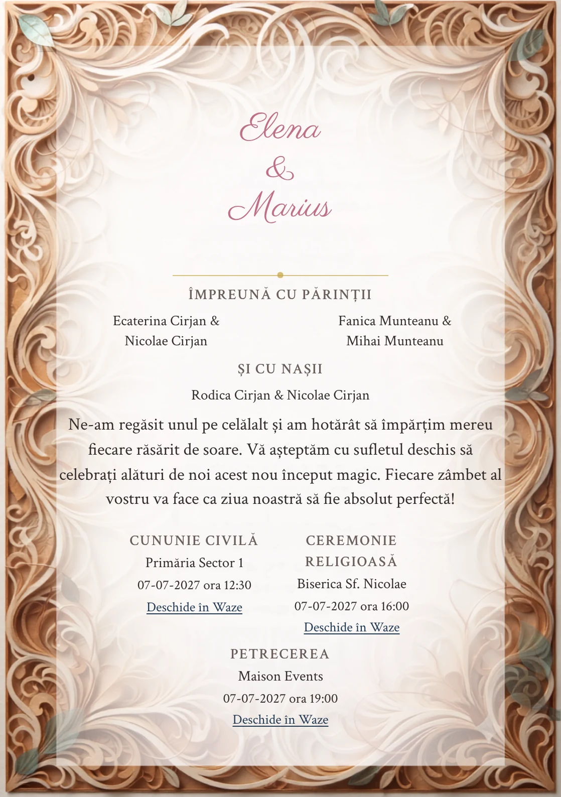 Fundalul Filigran de Hârtie, pentru invitații de nuntă, se remarcă prin filigran gros de hârtie decupată și accente de caramel hârtie, bej nisip și alb lapte.