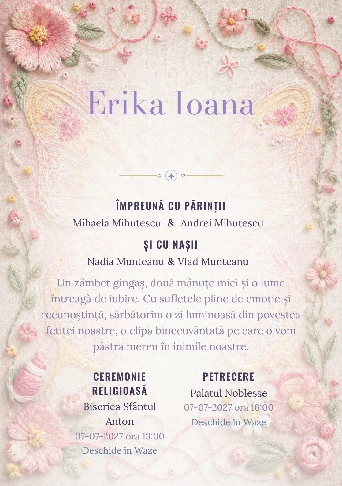 Fluture Brodat, design pentru o invitație digitală, prezintă un fluture mare brodat pe pânză de in, alături de fire colorate, noduri și flori cusute.