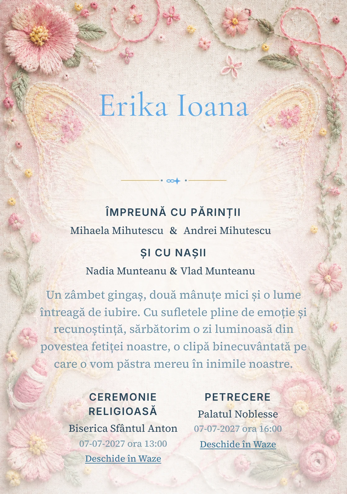 Fluture Brodat, design pentru o invitație digitală, prezintă un fluture mare brodat pe pânză de in, alături de fire colorate, noduri și flori cusute.