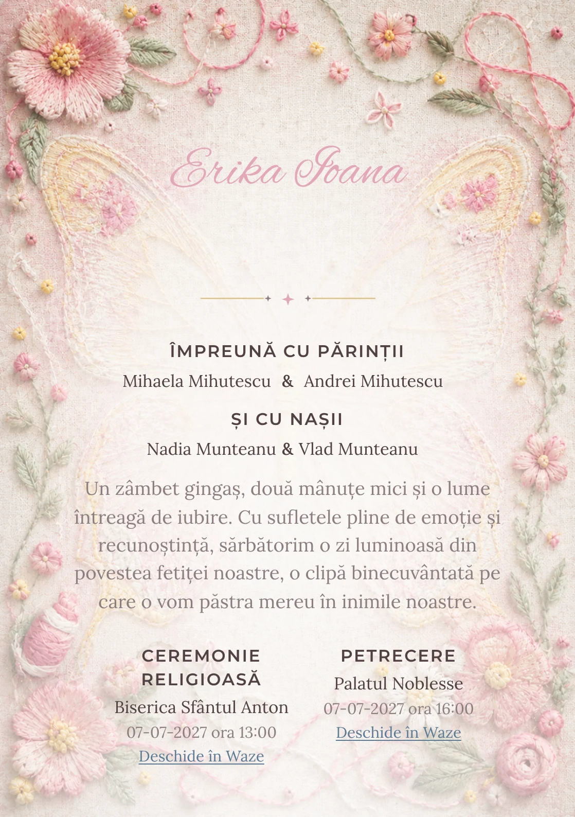 Fluture Brodat, design pentru o invitație digitală, prezintă un fluture mare brodat pe pânză de in, alături de fire colorate, noduri și flori cusute.