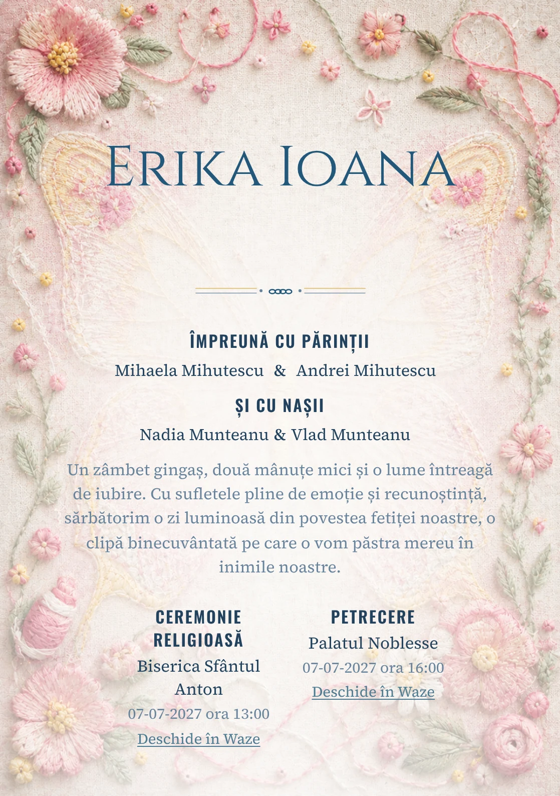 Fluture Brodat, design pentru o invitație digitală, prezintă un fluture mare brodat pe pânză de in, alături de fire colorate, noduri și flori cusute.