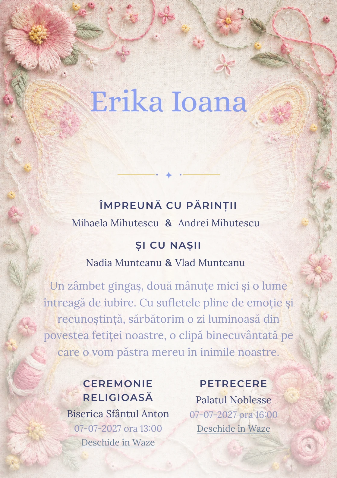 Fluture Brodat, design pentru o invitație digitală, prezintă un fluture mare brodat pe pânză de in, alături de fire colorate, noduri și flori cusute.
