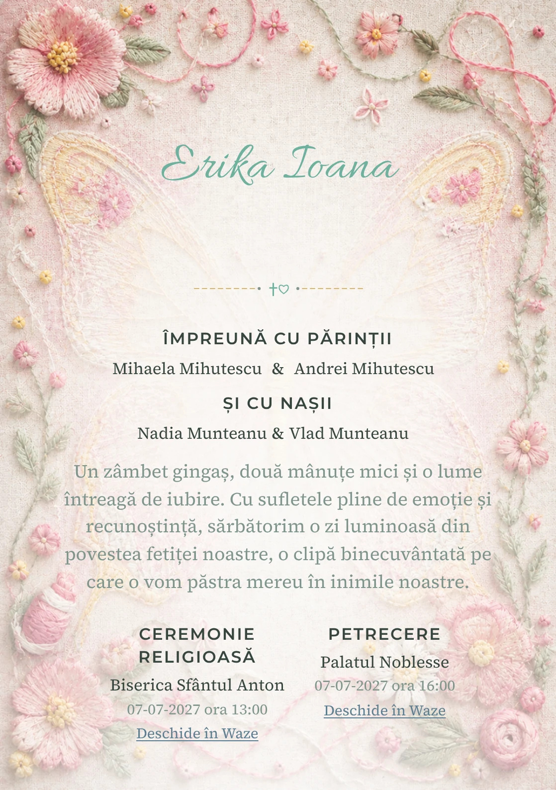 Fluture Brodat, design pentru o invitație digitală, prezintă un fluture mare brodat pe pânză de in, alături de fire colorate, noduri și flori cusute.