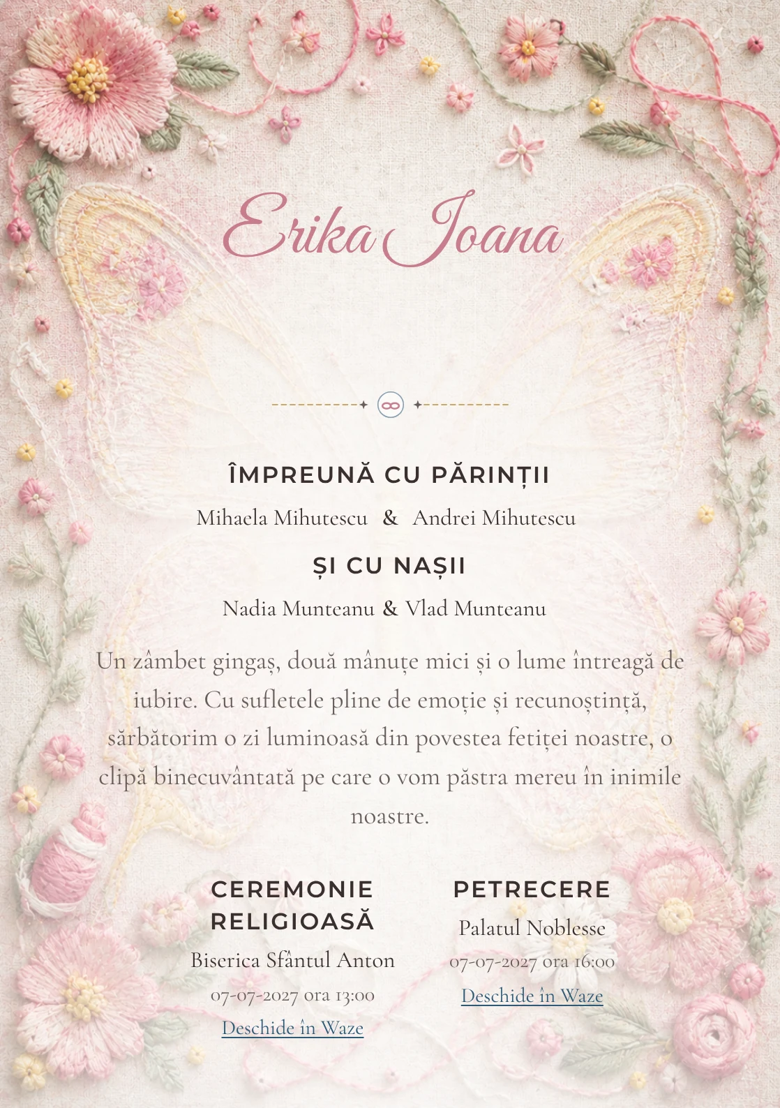 Fluture Brodat, design pentru o invitație digitală, prezintă un fluture mare brodat pe pânză de in, alături de fire colorate, noduri și flori cusute.