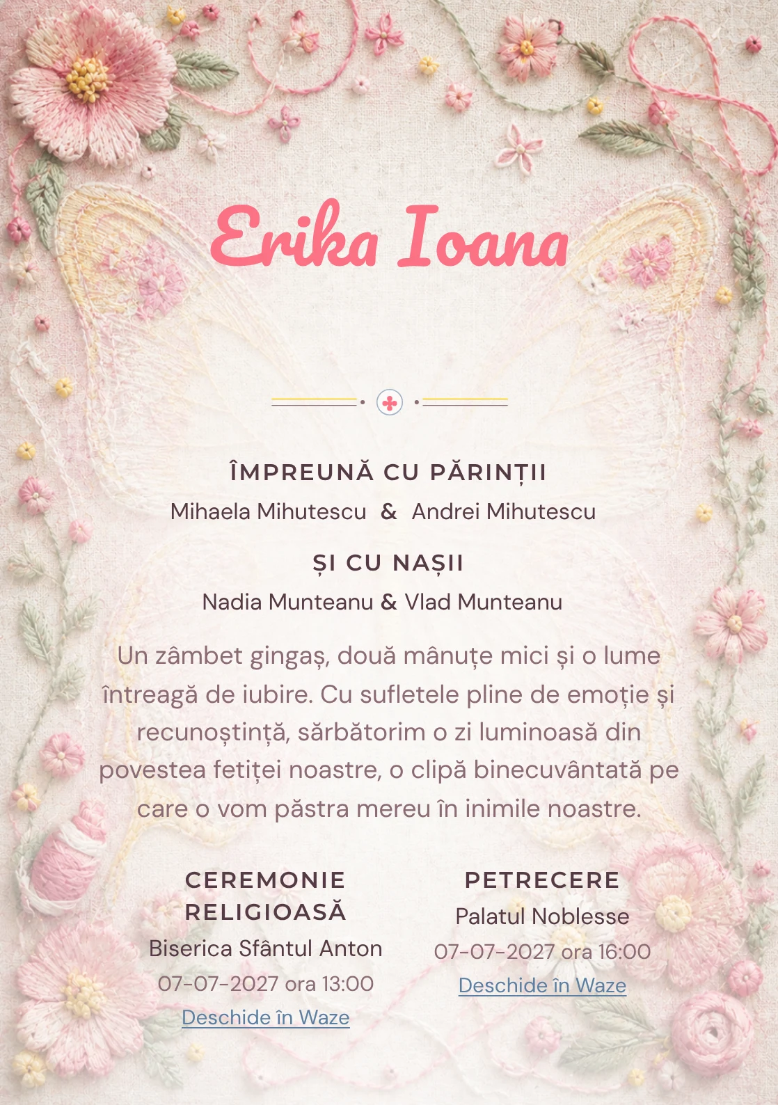 Fluture Brodat, design pentru o invitație digitală, prezintă un fluture mare brodat pe pânză de in, alături de fire colorate, noduri și flori cusute.