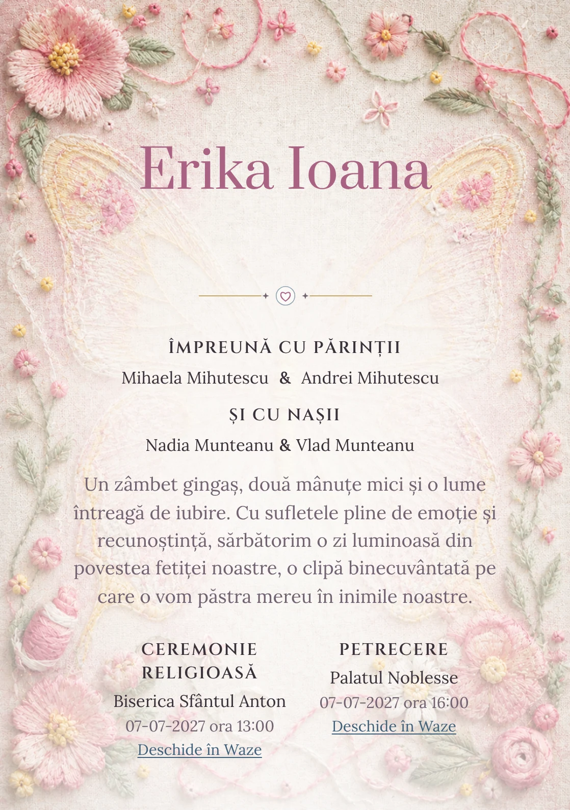 Fluture Brodat, design pentru o invitație digitală, prezintă un fluture mare brodat pe pânză de in, alături de fire colorate, noduri și flori cusute.