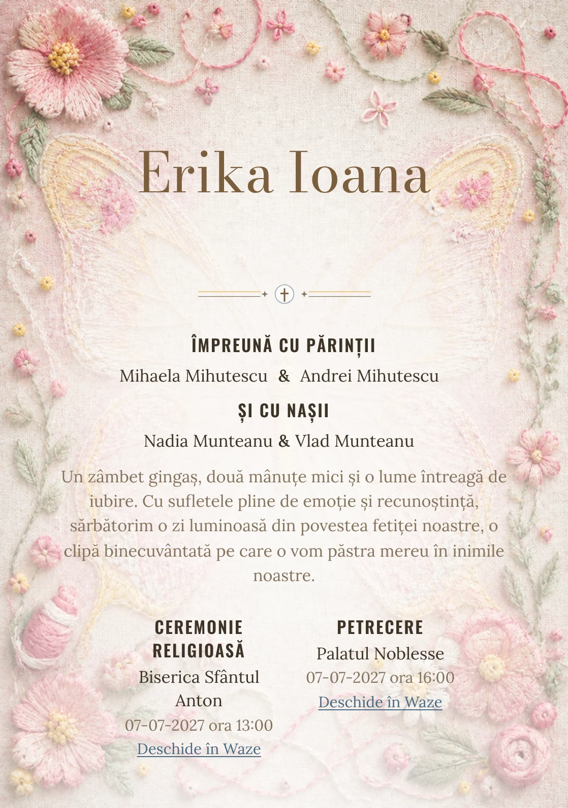 Fluture Brodat, design pentru o invitație digitală, prezintă un fluture mare brodat pe pânză de in, alături de fire colorate, noduri și flori cusute.