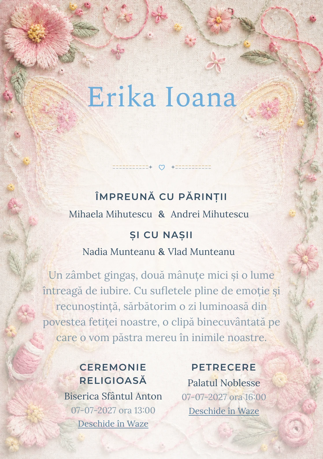 Fluture Brodat, design pentru o invitație digitală, prezintă un fluture mare brodat pe pânză de in, alături de fire colorate, noduri și flori cusute.