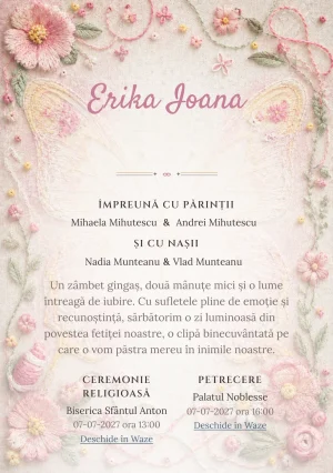 Fluture Brodat, design pentru o invitație digitală, prezintă un fluture mare brodat pe pânză de in, alături de fire colorate, noduri și flori cusute.