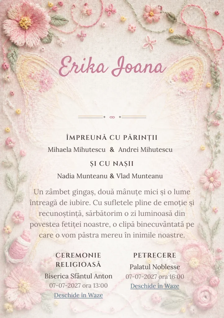 Fluture Brodat, design pentru o invitație digitală, prezintă un fluture mare brodat pe pânză de in, alături de fire colorate, noduri și flori cusute.