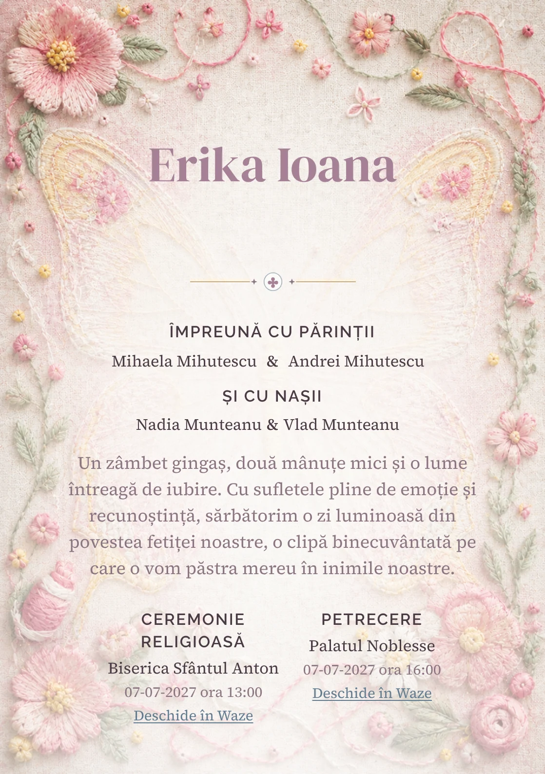 Fluture Brodat, design pentru o invitație digitală, prezintă un fluture mare brodat pe pânză de in, alături de fire colorate, noduri și flori cusute.