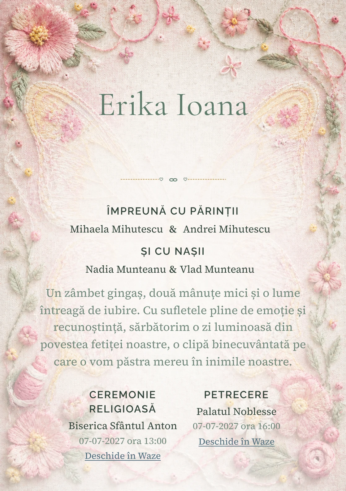 Fluture Brodat, design pentru o invitație digitală, prezintă un fluture mare brodat pe pânză de in, alături de fire colorate, noduri și flori cusute.