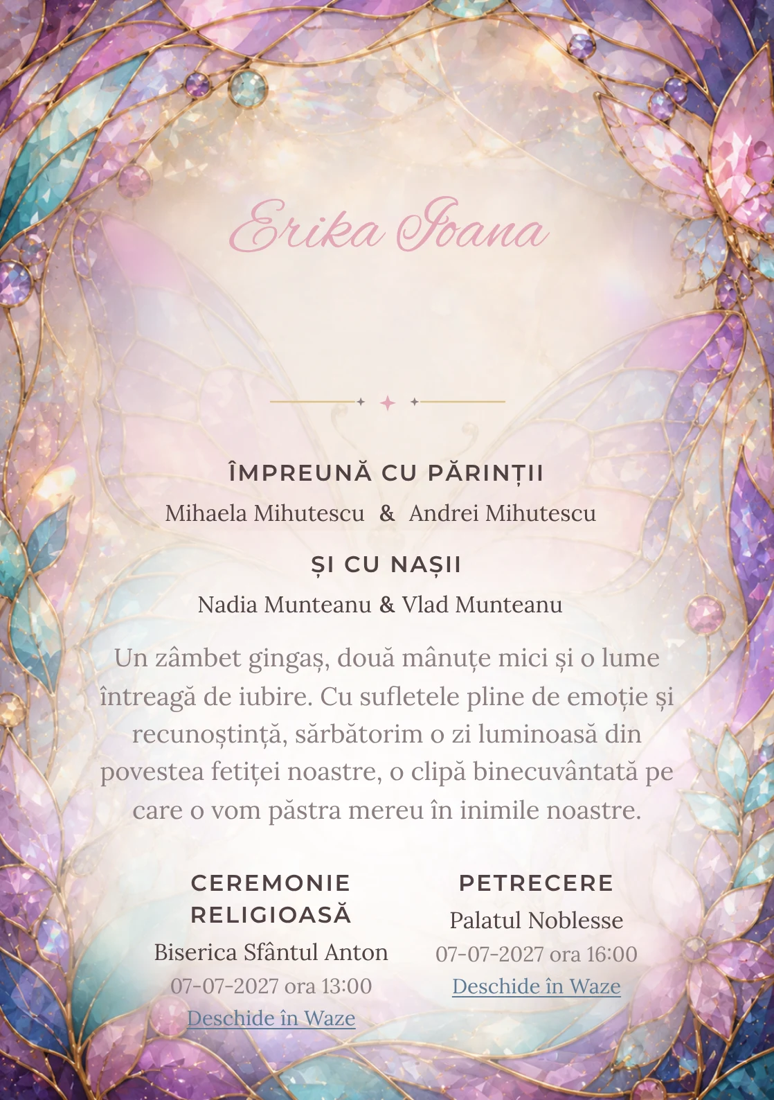 Compoziția Fluture Vitraliu, pentru o invitație digitală, pune accent pe un fluture mare construit și include reflexii prismatice.
