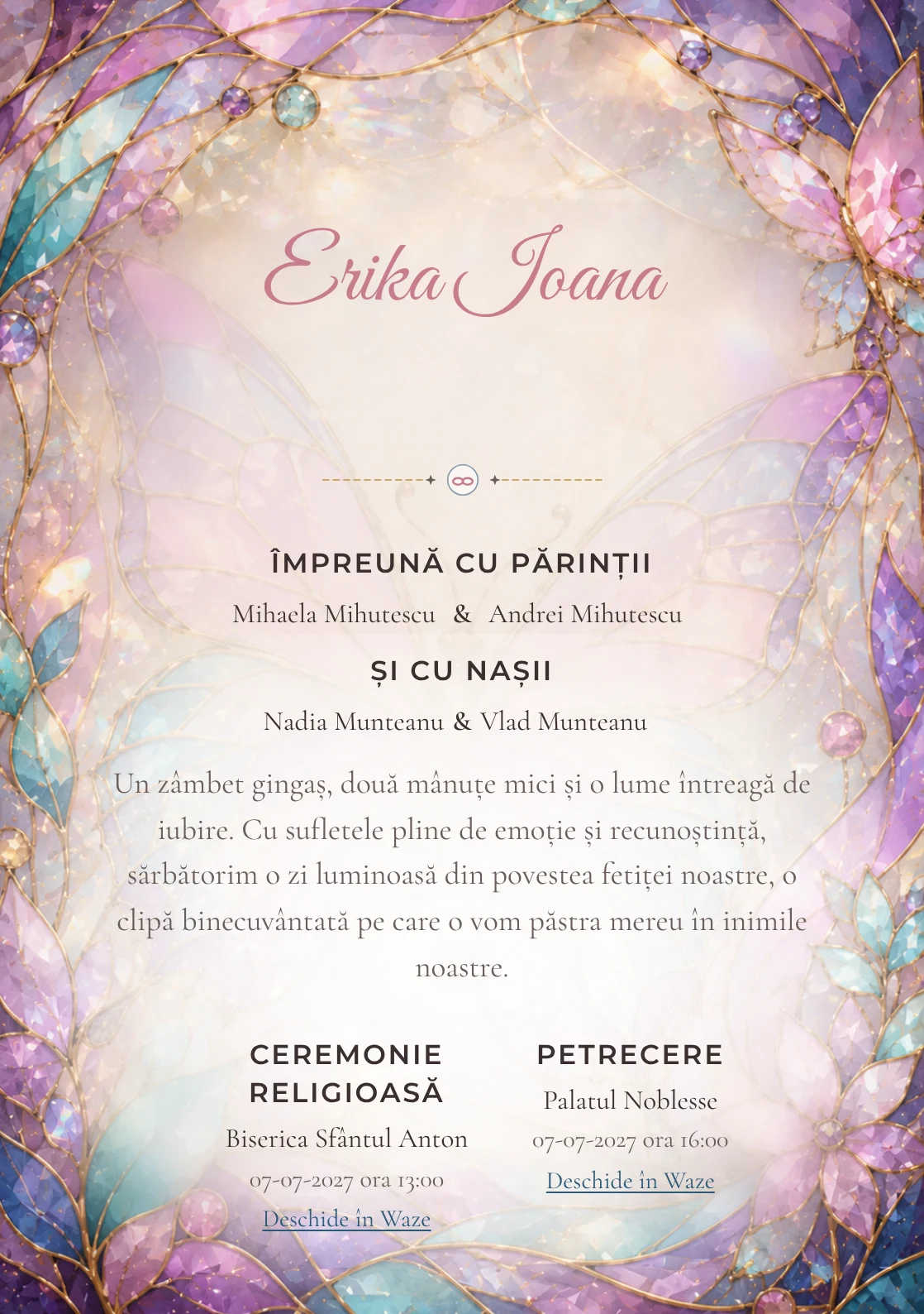 Compoziția Fluture Vitraliu, pentru o invitație digitală, pune accent pe un fluture mare construit și include reflexii prismatice.