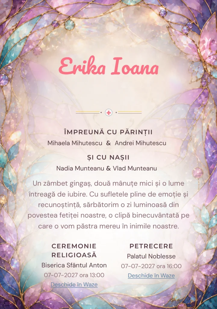 Compoziția Fluture Vitraliu, pentru o invitație digitală, pune accent pe un fluture mare construit și include reflexii prismatice.