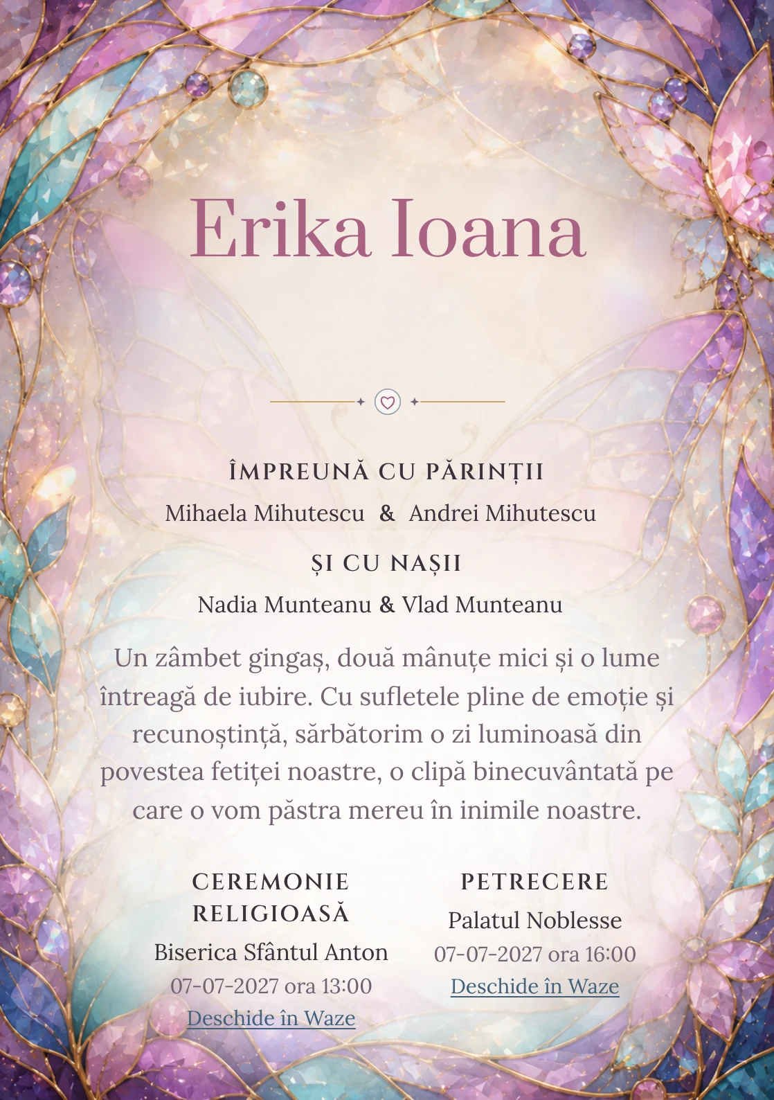 Compoziția Fluture Vitraliu, pentru o invitație digitală, pune accent pe un fluture mare construit și include reflexii prismatice.