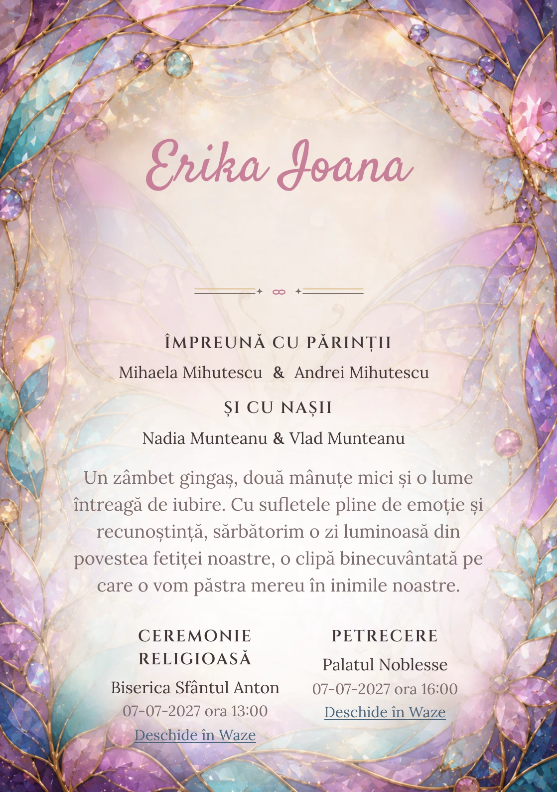 Compoziția Fluture Vitraliu, pentru o invitație digitală, pune accent pe un fluture mare construit și include reflexii prismatice.
