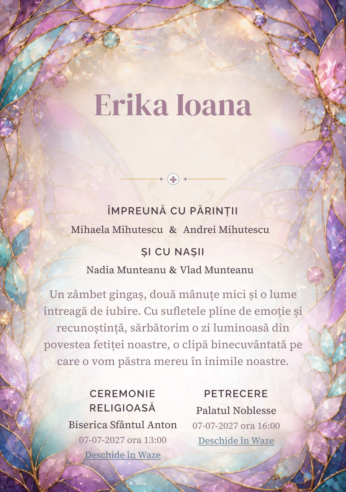 Compoziția Fluture Vitraliu, pentru o invitație digitală, pune accent pe un fluture mare construit și include reflexii prismatice.