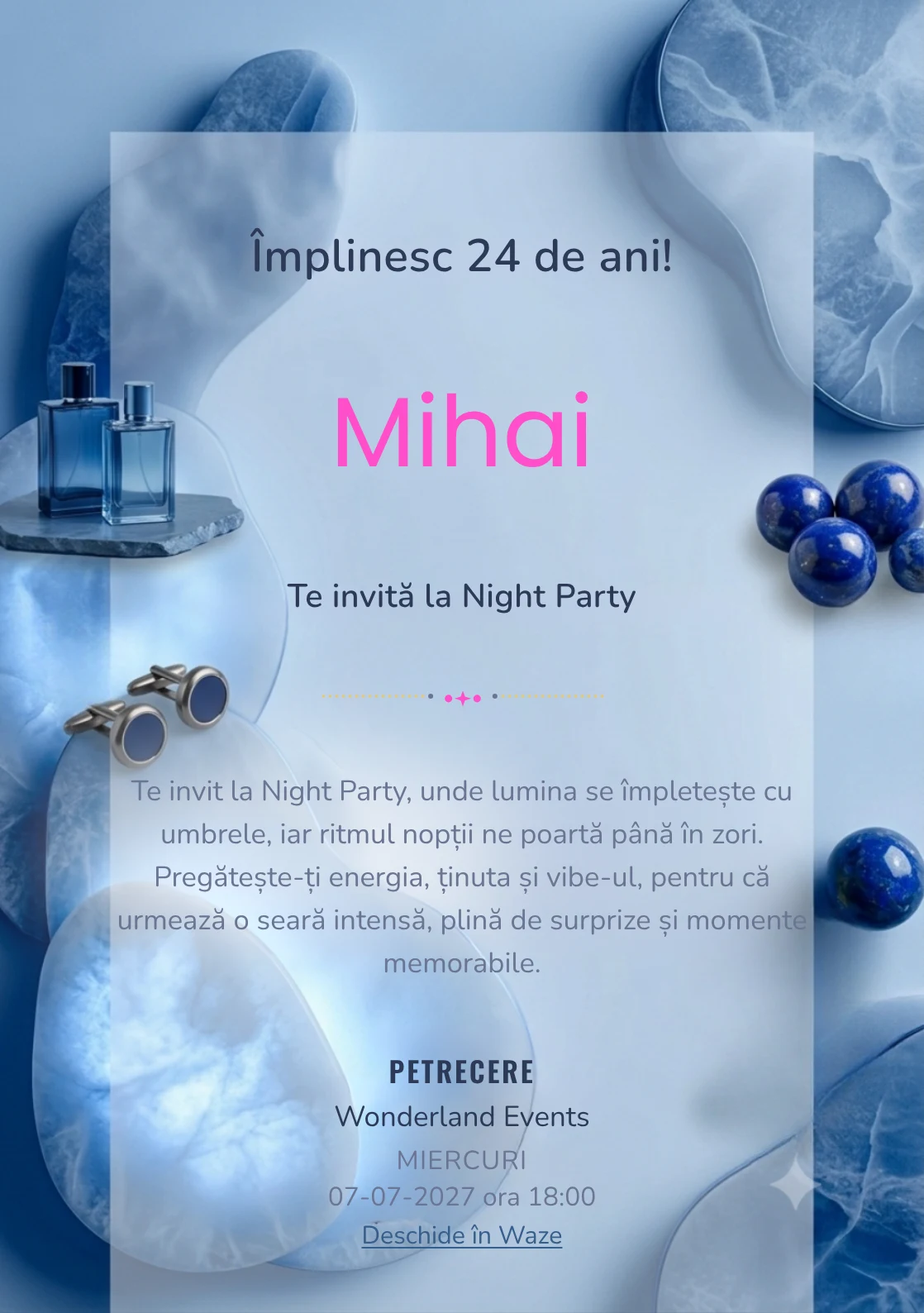 Forme de Alabastru este un model de invitații digitale pentru o aniversare adultă, definit vizual de plăci organice suprapuse cu lumină difuză.
