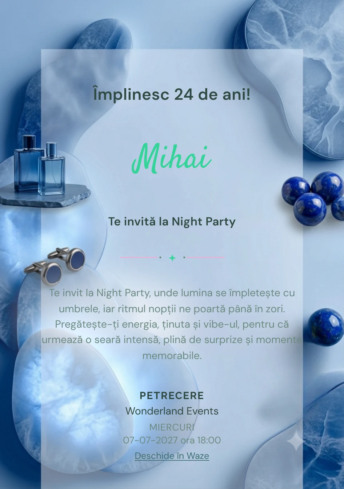 Forme de Alabastru este un model de invitații digitale pentru o aniversare adultă, definit vizual de plăci organice suprapuse cu lumină difuză.