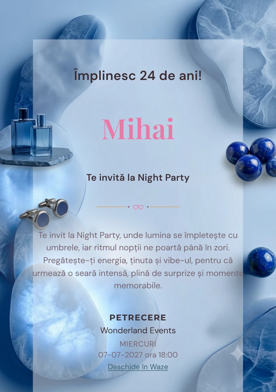 Forme de Alabastru este un model de invitații digitale pentru o aniversare adultă, definit vizual de plăci organice suprapuse cu lumină difuză.