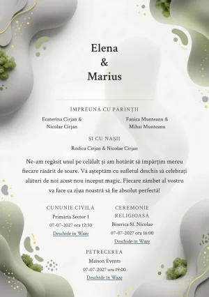 Forme în Echilibru, pentru o invitație de nuntă, pune accent pe două volume biomorfe mate, alături de tonuri de gri porumbel, alb porțelan și verde mușchi pal.