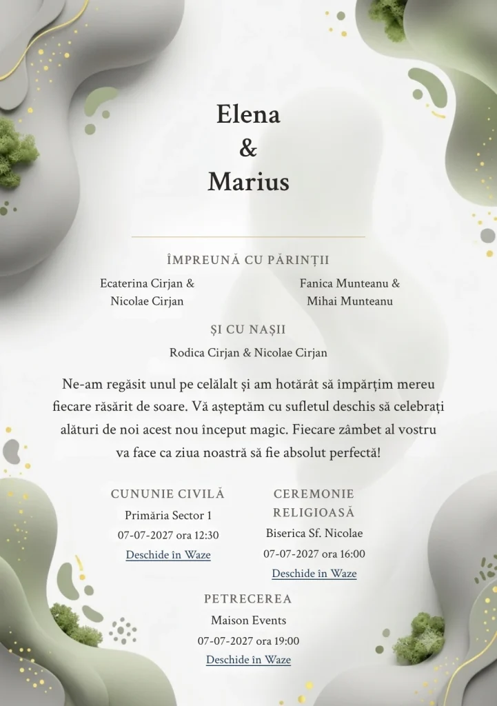 Forme în Echilibru, pentru o invitație de nuntă, pune accent pe două volume biomorfe mate, alături de tonuri de gri porumbel, alb porțelan și verde mușchi pal.