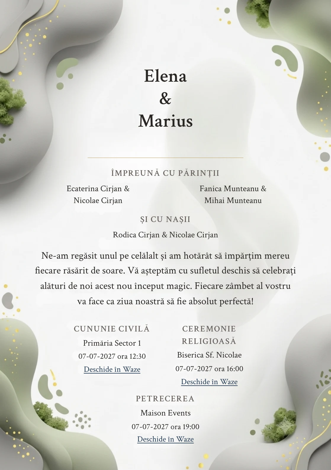 Forme în Echilibru, pentru o invitație de nuntă, pune accent pe două volume biomorfe mate, alături de tonuri de gri porumbel, alb porțelan și verde mușchi pal.