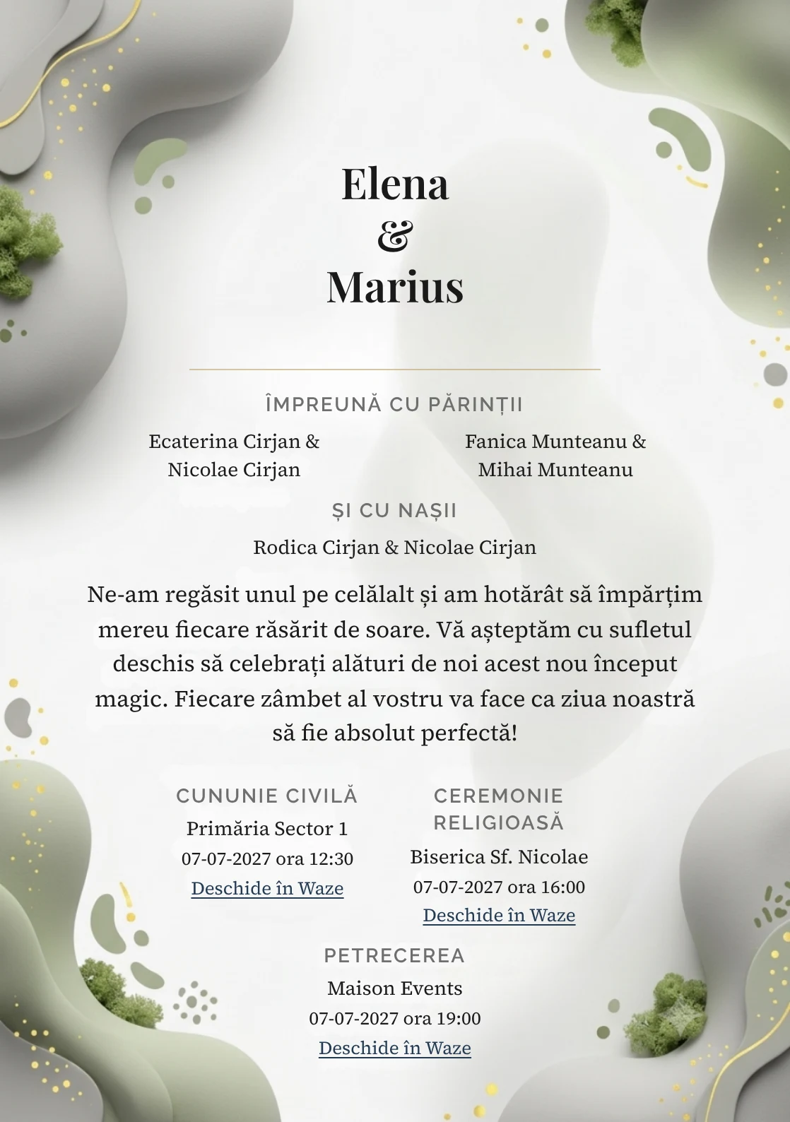 Forme în Echilibru, pentru o invitație de nuntă, pune accent pe două volume biomorfe mate, alături de tonuri de gri porumbel, alb porțelan și verde mușchi pal.